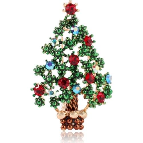 CRLEY Christmas Tree Brooches Retro Crystal Green Red Flower Brooches for Women Romantic Wedding Bridesmaid Christmas Party