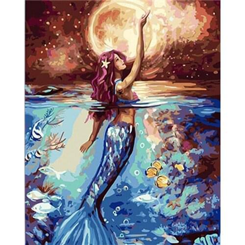 DIY Digital Painting By Numbers moonlight Mermaid oil painting mural Kits Coloring Wall Art Picture Gift frameless
