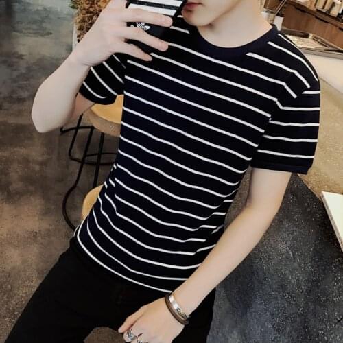 Short sleeve T - shirt mens summer clothes mens T - shirt trend Korean slim collar stripe half sleeve
