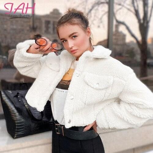 IAMHOTTY Faux Fur White Long Sleeve Short Jacket Women Pocket Button Basic Cropped Jackets Lamb Woolen Winter Warm Teddy Jackets