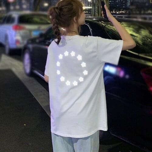 Summer Women Korean Style T-shirt Shiny Reflective Short-sleeved Student Loose Hip-hop Tee