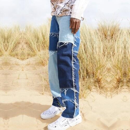Fashion Men Wash Splice Casual Straight Tassel Ripped Jeans 2021 Male Streetwear Loose Hip Hop Trousers Denim Full Length Pants