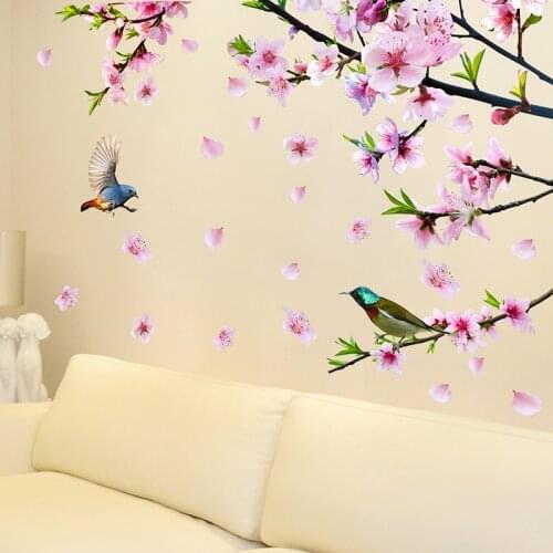 [shijuekongjian] Peach Blossom Tree Branch Wall Stickers DIY Flowers Birds Wall Decals for House Living Room Bedroom Decoration