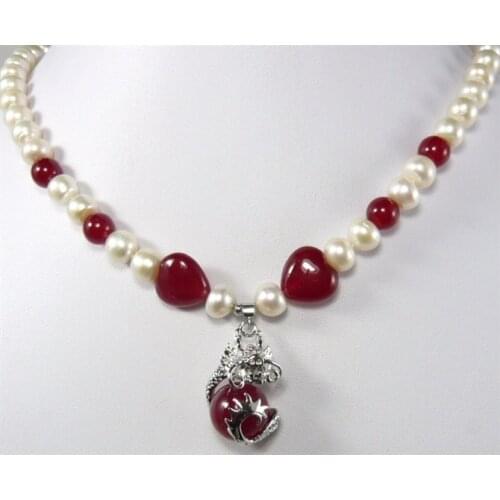 Fancy design Beautiful white pearl red jades & fancy pendant Necklace free shipping