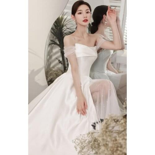 New Bride Dress Wedding Simple Satin Detachable Sleeves Pearls Sexy Split robe de soirée de mariage свадебное платье robe longue