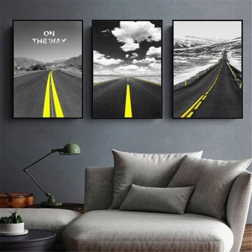 On the Way Road Yellow Boundary Poster Canvas Print Painting Wall Art Living Room Home Decoration