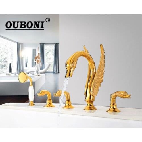 OUBONI Golden Polish Swan Bathroom Bathtub Basin Faucet 5 Pcs Deck Mounted Shower Hand Sprayer Gold Plated Bathtub Mixer Faucet