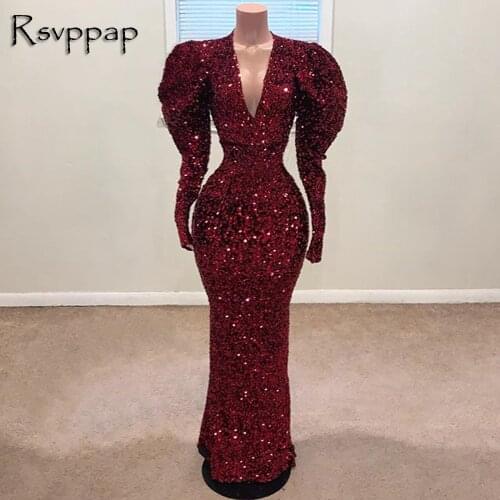 Puffy Long Sleeve Elegant Skinny V-neck Dubai Women Burgundy Sequin African Evening Dresses 2021 Formal Gowns
