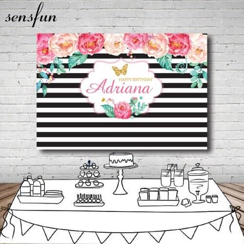 Sensfun Pink Flowers Girls Birthday Party Backdrop Custom Black And White Stripes Gold Butterfly Backgrounds 7X5ft Vinyl