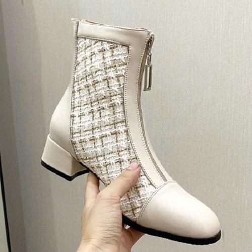 Sianie Tianie 2021 Spring Trendy Plaid Checker Tweed Womans Shoes 4cm Square Med Heels Ankle Martin Boots With Front Zipper