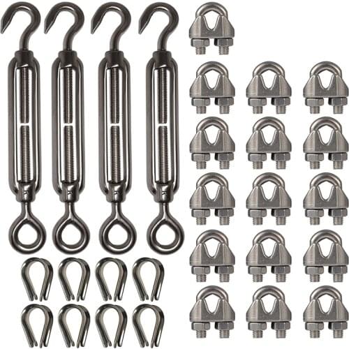 SHGO HOT-4-Pcs Turnbuckle/Tension(Eye&Hook, M6), 16-Pcs 1/8 Inch Wire Rope Cable Clip/Clamp(M3), 8-Pcs Thimble(M3), Stainless St