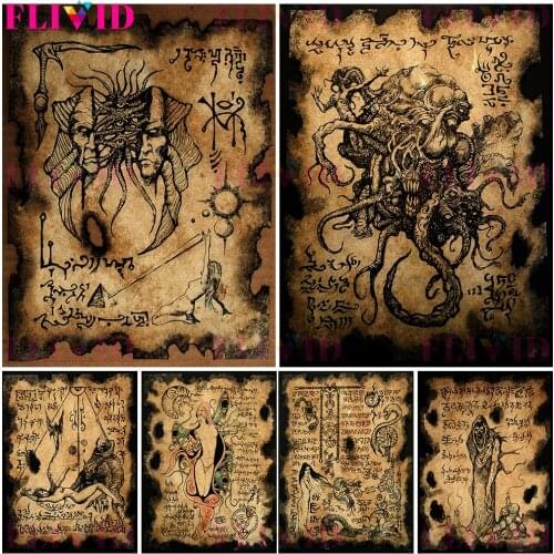 Darkness,Witchcraft,Magic,Spells Wall Art Canvas Painting Ancient Witch Scroll Fragments Poster And Print Decoration Unframed