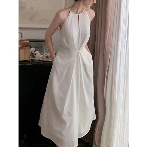 Summer Elegant White French Style Sleeveless Halter Party Strap Dress Sexy 2021 Female Vestidos