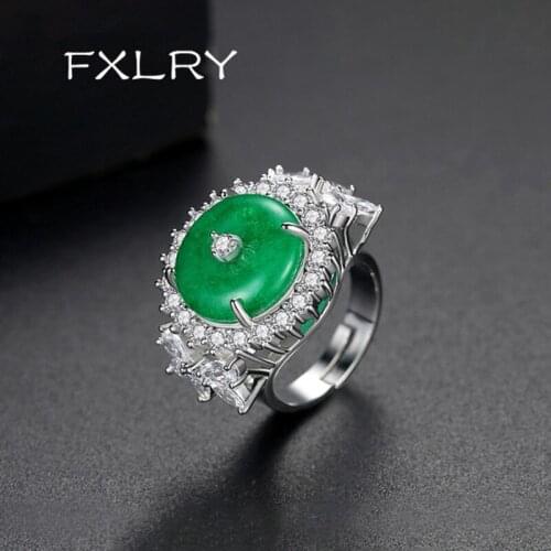 FXLRY New Luxury CZ Green Main Stone Ring Ethnic Adjustable Round Ring for Women Party or Dating Gift
