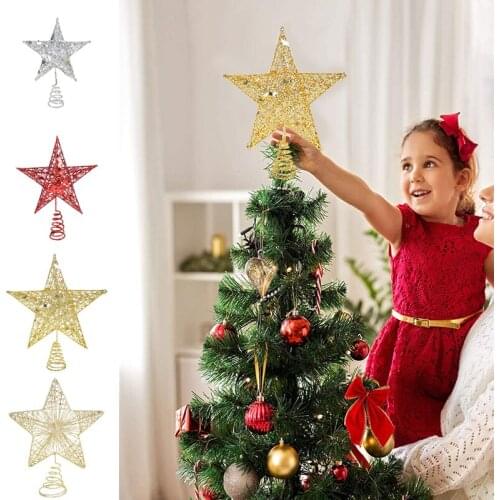 Gold Silver Red Glitter Christmas Tree Top Star Decoration For New Year Home Exquisite Iron Art Ornament Xmas Party Table Decor