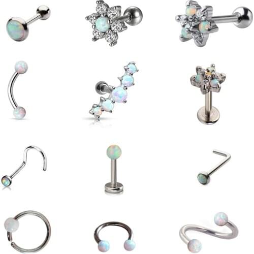 1pc Opal Nose Septum Piercing Set Eyebrow Ring Ear Tragus Cartliage BCR Barbell Lip Labret Nipple Studs Women Body Jewelry Gift