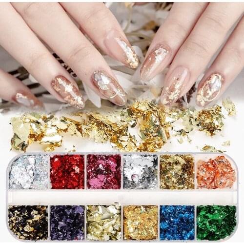 12 Grids Multi-colroed Gold Gold Silver Leaf Flakes Confetti Foil Paper Stripes Powder Nail Art Decoration DIY Party Supplies