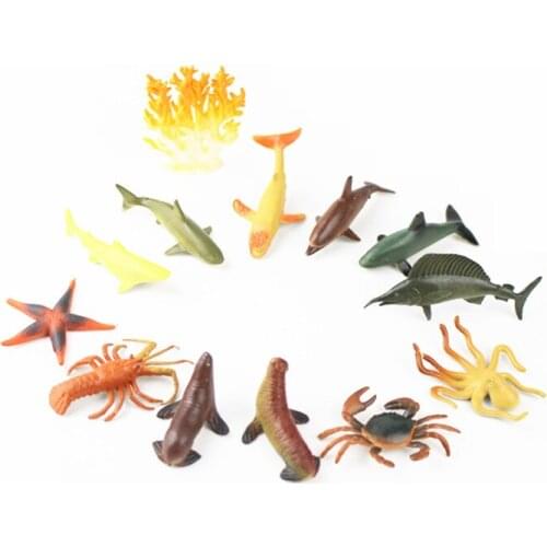 12pcs Ocean Biological Figures Set Toy Shark Whale Dolphin Crab Shrimp Sea Lion Model Plastic Static Animal Decoration Figures