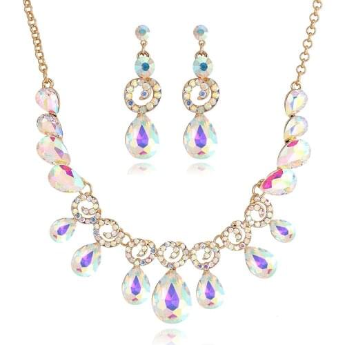 2 PCS/set Elegant Rhinestone Austrian Crystal Choker Necklace Teardrop Dangle Earrings Jewelry Sets for Women