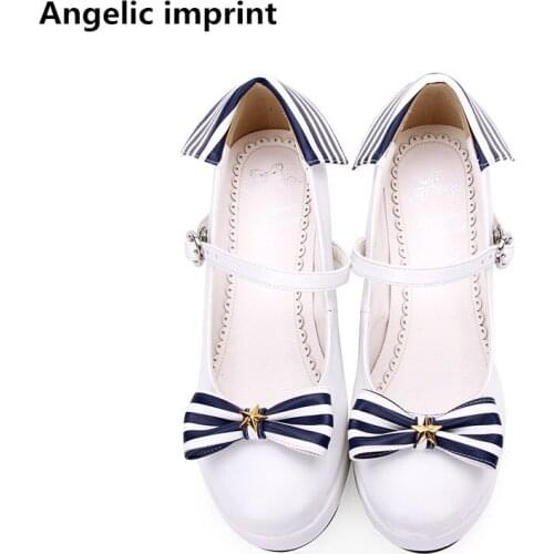 Angelic imprint woman mori girl lolita cosplay shoes lady mid heels pumps women princess dress party shoes 33-47 navy style 4cm