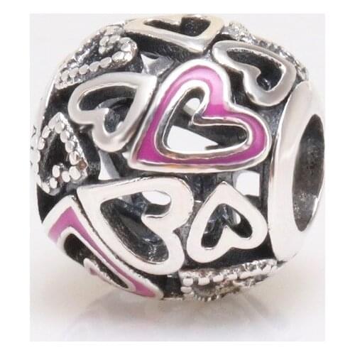 Authentic 925 Sterling Silver Creative Hand Painted Love Pink Hollow Beads Fit Original Pandora Bracelet For Women Diy Jewelry