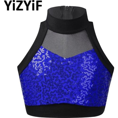 Shiny Sequins Crop Tops Kids Girls Dancewear Sleeveless Mesh Splice Vest Tanks Tops Ballet Stage Performance Dance Costume Top