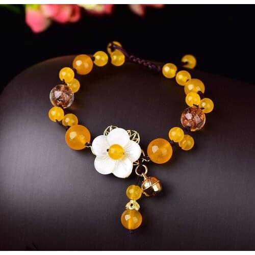 Yellow Jade Stone Jadeite Emerald Flower Bracelet Charm Jewellery Fashion Accessories Chinese Carved Amulet Gifts for Women Her