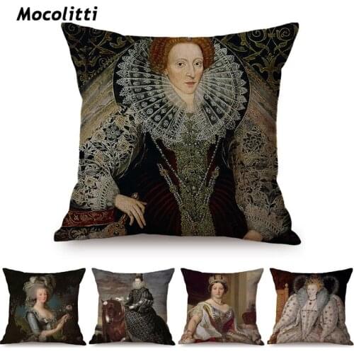 European Noble Queen Portrait Art Home Decoration Sofa Throw Pillow Case Fashion Woman Vintage Oil Painting Luxury Cushion Cover