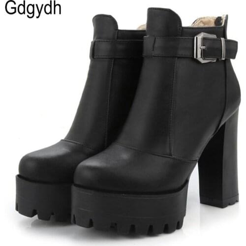 Gdgydh Women Platform Heels Ankle Boots Zipper High Heels Female Booties Shoes Black Round Toe Ladies Shoes Big Size 2021 Autumn