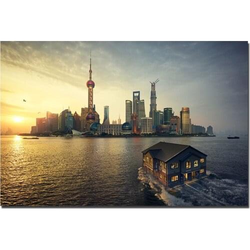 DIY Frame Canvas Painting Shanghai Sunset Poster Wall Art Pictures Print For Living Room Home Decor