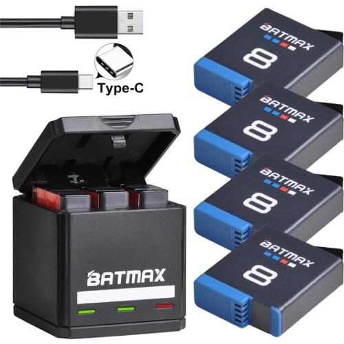 Original Batmax for Gopro Hero 8 Li-ion Battery Black Hero 8 Black GoPro Hero 7 Cam Akku + USB Triple Charger with Type C Port