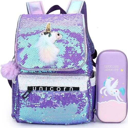 Cartoon Cute Backpack Girls Childrens School Bags Sequins Unicorn Large with Pencil Case Kawaii Schoolbags Kids Back Pack