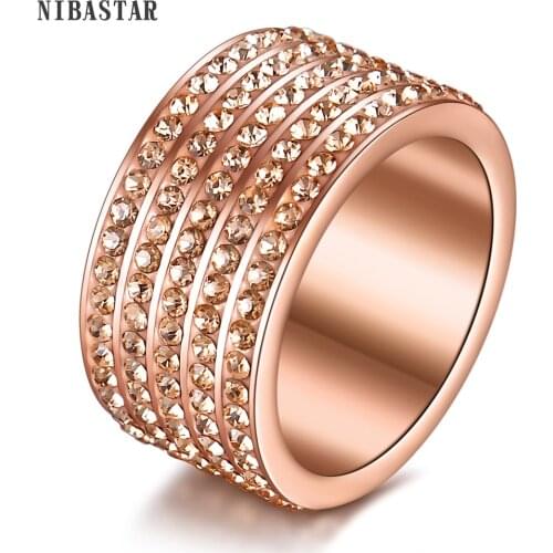 Fahsion 5Row Rose Gold-Color Stainless Steel Jewelry Crystal Wedding Rings for women
