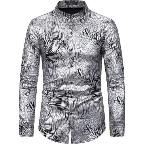 Silver Snake Patter Print Shirt Men Hipster Nightclub Prom Mandarin Collar Dress Shirt Men Business Wedding Tuxedo Shirts Camisa