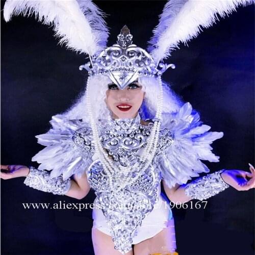 Newest White Sexy Lady DS Ballroom Costume With Feather Headwear Dance Team Stage Performance Clothes Party Evening Dress