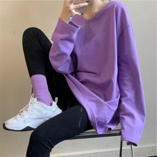 2021 New Long shirt new womens Fashion Top plus size Korean O-neck long sleeve purple T-shirt
