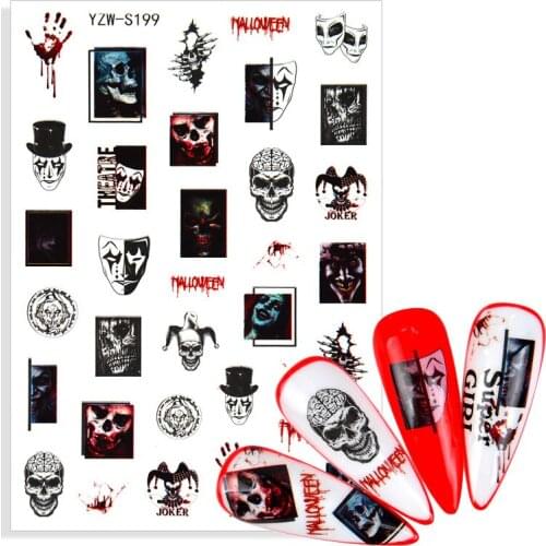 New Arrivals Clown Crow Cat Bone Skull 3D Back Glue Nails Sticker Ornament Halloween Nail Art Decoration DIY Tool Accessories