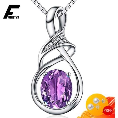 Bali Jelry Trendy 925 Silver Necklace with 8mm Oval Amethyst Geometric Shape Pendant Jewelry for Women Wedding Party Accessories