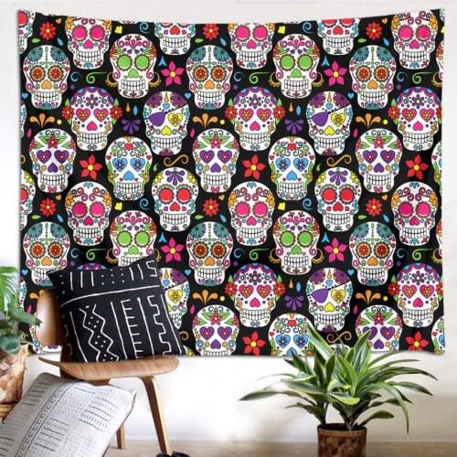 Sugar Skull Day of The Dead Theme Hippie Bohemian Skulls with Flowers Funny Mexican Wall Tapestry Home Decor