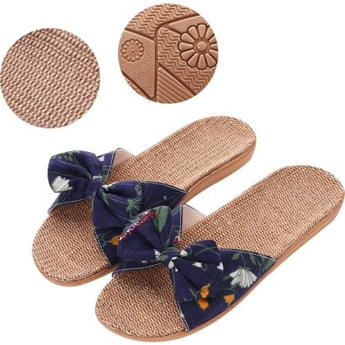 Sandals Women 2021 Comfortable Bowknot Indoor And Outdoor Wear Striped Non-Slip Beach Sandals And Slippers Linen Slippers