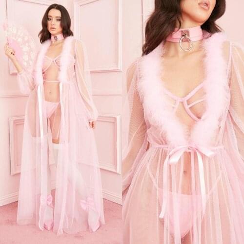 Sexy Women Sleepwear Lingerie Lace Fur Long Robe Long Sleeve Bathrobe Tulle Nightwear Babydoll Robe Dress