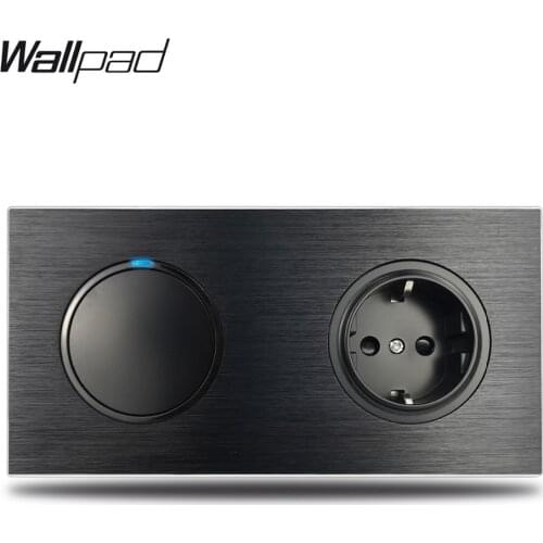 Wallpad L6 Black Metal 1 Gang 2 Way Switch with EU Wall Electrical Power Socket Satin Aluminum Frame Dual Plate, 172 * 86 mm