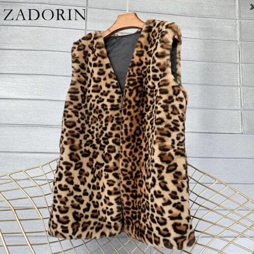 ZADORIN Autumn Winter Fashion Leopard Print Faux Rabbit Fur Vest Women V Neck Sleeveless Long Warm Faux Fur Jacket Ladies Coats