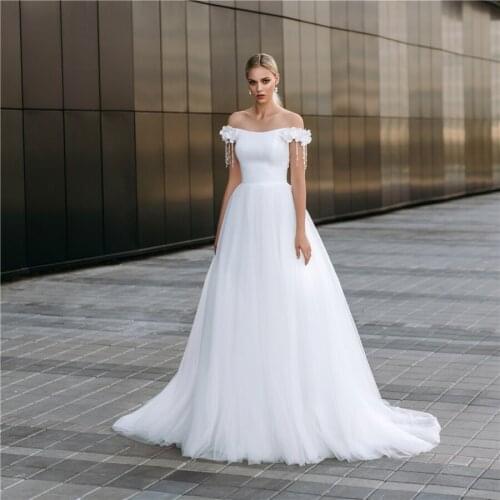 Off the Shoulder with 3D Flowers Decoration White Tulle Wedding Dress Simple Gown for Bridal vestido de noiva princesa