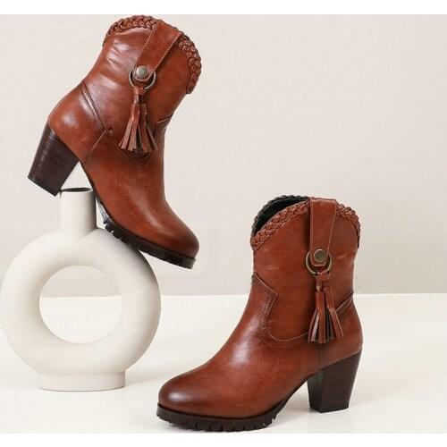 2020 retro round toe chunky high heels brown womens boots with tassel extra plus size 46 47 48 luxury woman shoes ankle boots