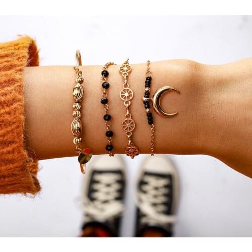 Bohemian Black Crystal Beads Tassel Layered Bracelet Set for Women Handmade Chains Moon Pendant Adjustable Bangle Set Jewelry