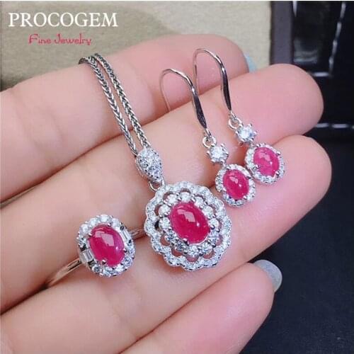 Elegant Natural Real Pink Ruby set for women Party Necklace Ring Earrings Fine Jewelry Sets Genuine Gemstones S925 silver #790