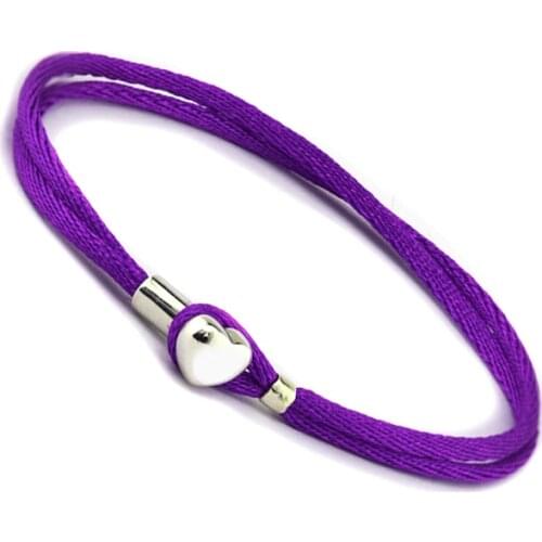 Purple Fabric Cord Bracelet With Heart Buckle Sterling Silver Jewelry For Woman Fit Original Beads & Charms Jewelry