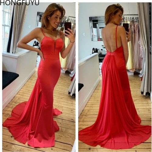 HONGFUYU Red Simple Evening Party Dresses Long Prom Dress Backless Spaghetti Straps Robe De Soiree Sweep Train Formal Gowns