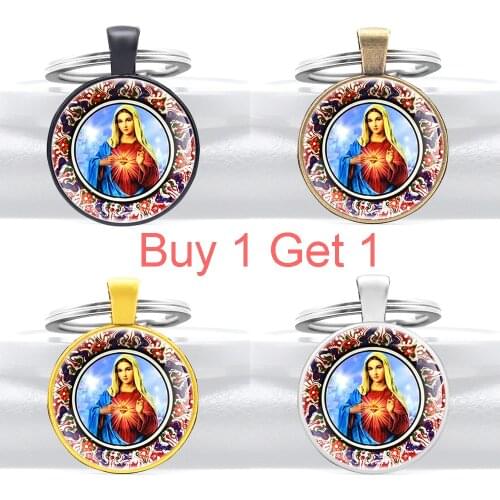 Buy 1 Get 1 Classic Gold Blessed Virgin Mary Design Glass Dome Pendant Key Chain Charm Men Women Jewelry Gifts Key Rings